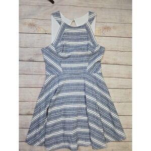 Women's Altar'd State LINEN Dress Flared Sundress KEYHOLE Blue & Cream Size‎ L